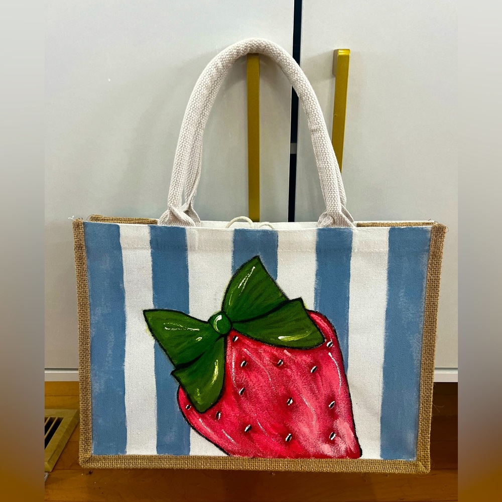 Strawberry Canvas Tote Bag - Green, Red, and Blue
